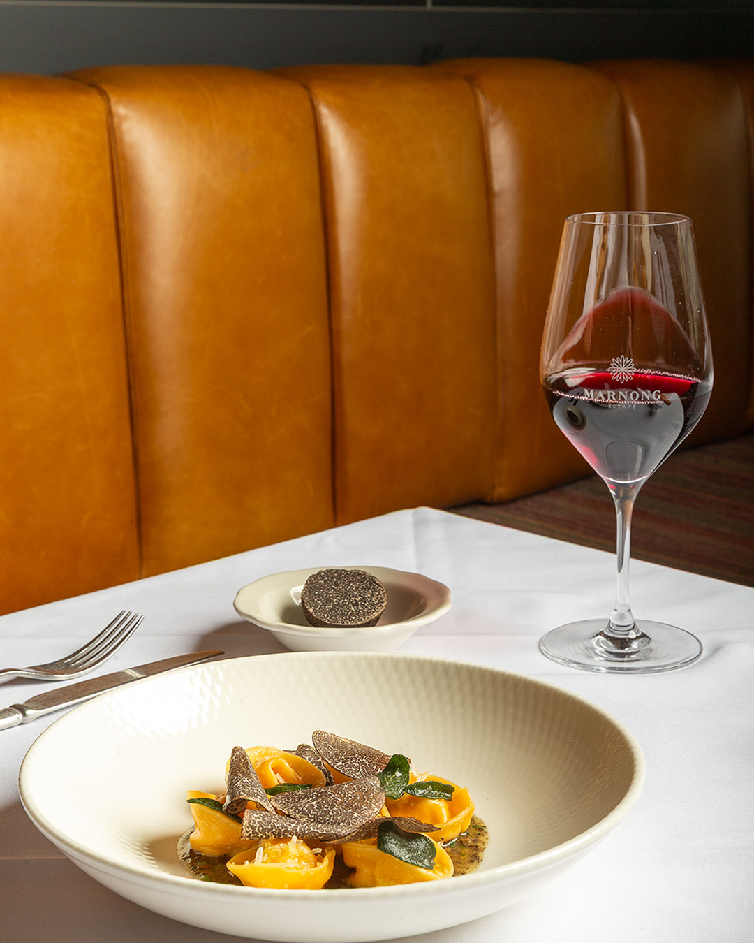 Seasonal truffle pasta paired with estate-grown wine at Marnong Estate