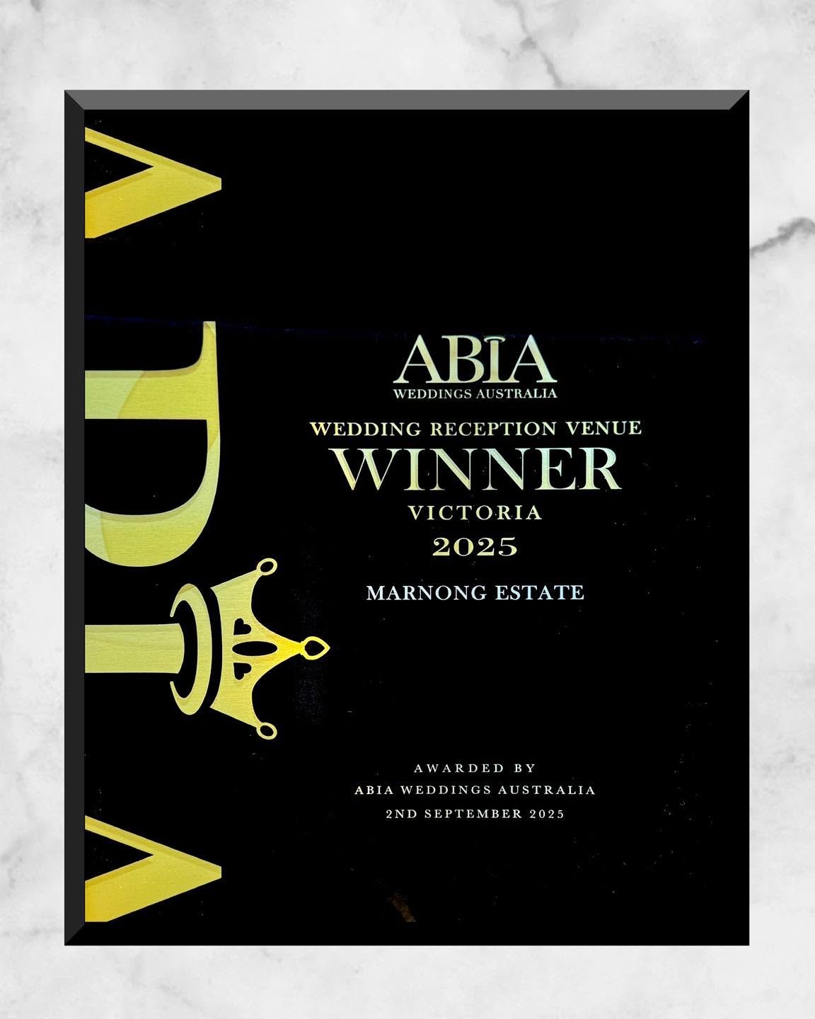 ABIA Wedding Reception Venue Winner Victoria 2025 trophy engraved Marnong Estate, awarded 2 September 2025